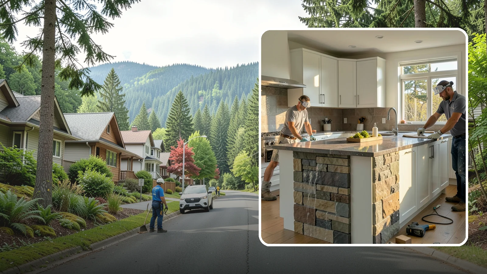 Waterfall Countertop Installation in Darrington, Snohomish County, WA - Statement waterfall countertop installation where the surface material cascades vertically down the island sides.