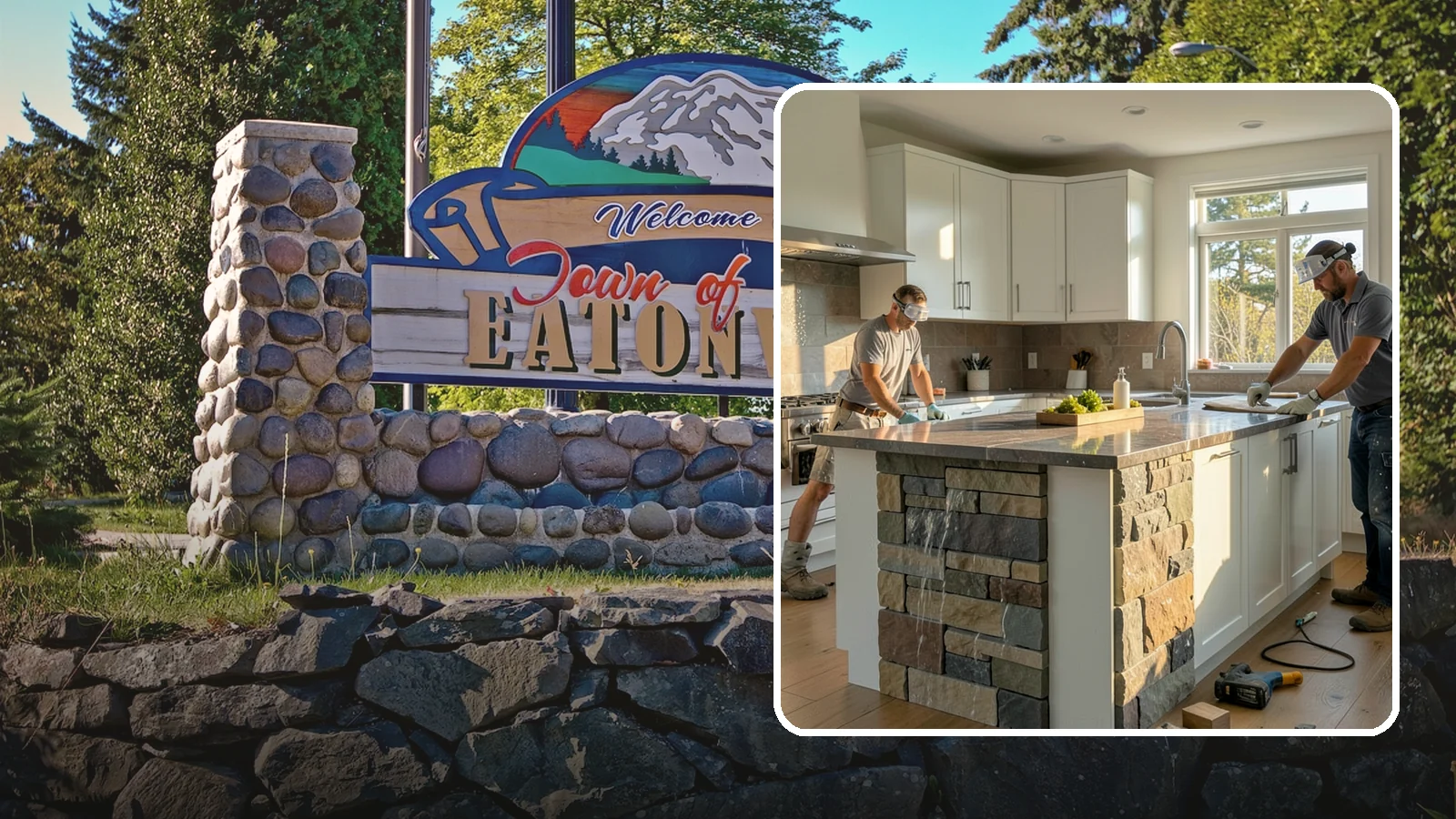 Waterfall Countertop Installation in Eatonville, Pierce County, WA - Statement waterfall countertop installation where the surface material cascades vertically down the island sides.