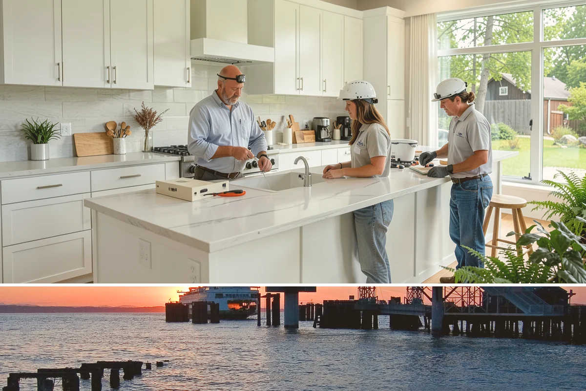 Waterfall Countertop Installation in Edmonds, Snohomish County, WA - Waterfall countertops install indoors year-round, so the PNW climate never delays your island upgrade.