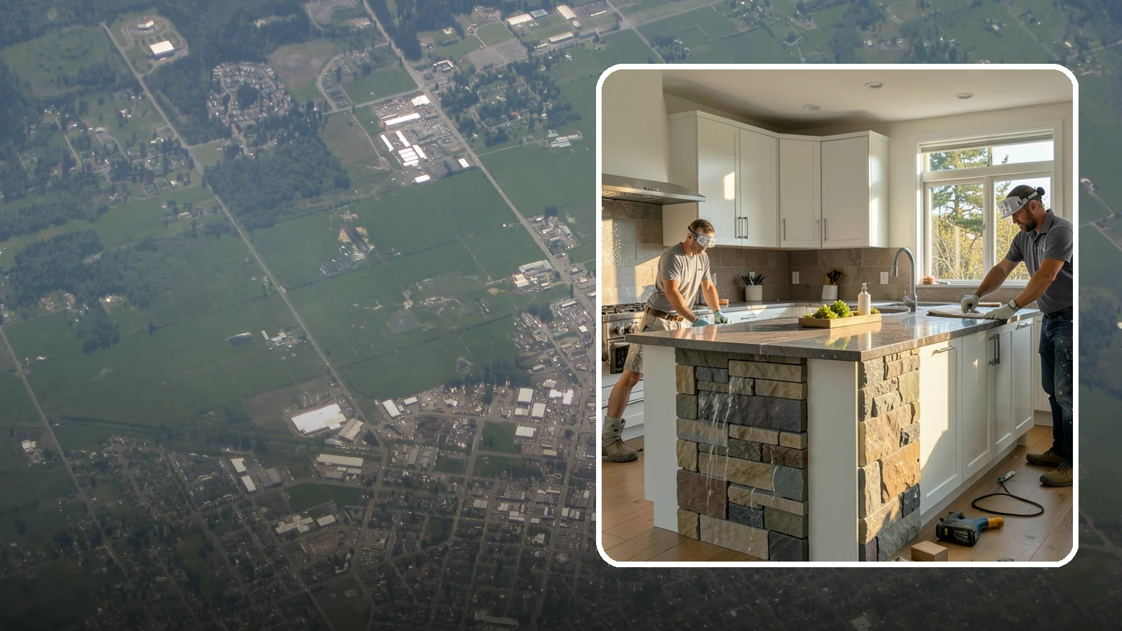 Waterfall Countertop Installation in Enumclaw, King County, WA - Statement waterfall countertop installation where the surface material cascades vertically down the island sides.