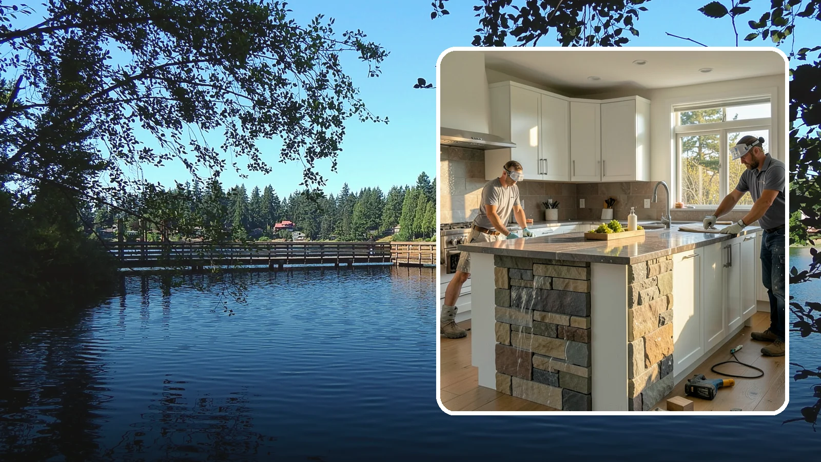 Waterfall Countertop Installation in Federal Way, King County, WA - Statement waterfall countertop installation where the surface material cascades vertically down the island sides.