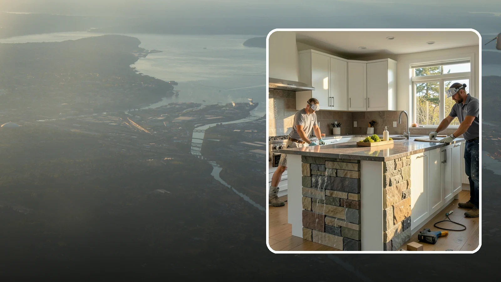 Waterfall Countertop Installation in Fife, Pierce County, WA - Statement waterfall countertop installation where the surface material cascades vertically down the island sides.