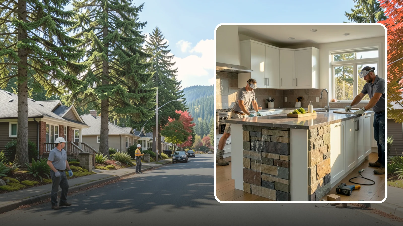 Waterfall Countertop Installation in Hunts Point, King County, WA - Statement waterfall countertop installation where the surface material cascades vertically down the island sides.