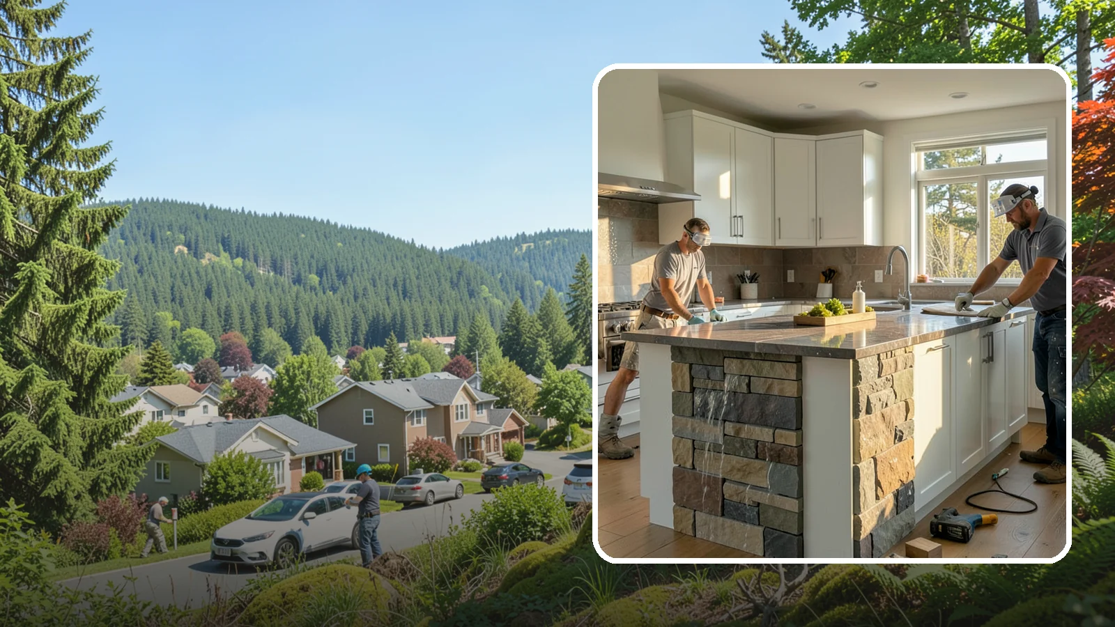Waterfall Countertop Installation in Index, Snohomish County, WA - Statement waterfall countertop installation where the surface material cascades vertically down the island sides.