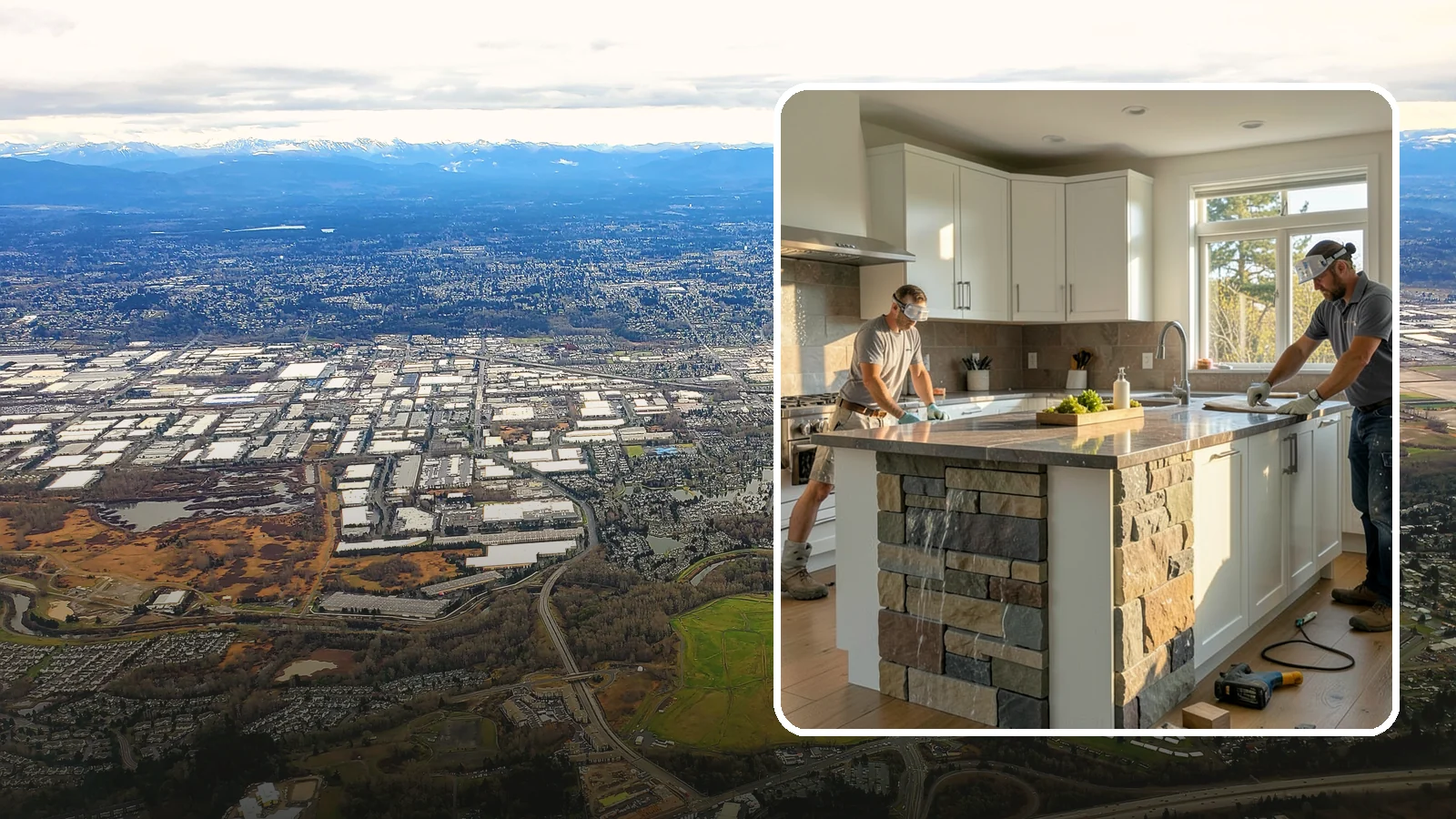 Waterfall Countertop Installation in Kent, King County, WA - Statement waterfall countertop installation where the surface material cascades vertically down the island sides.