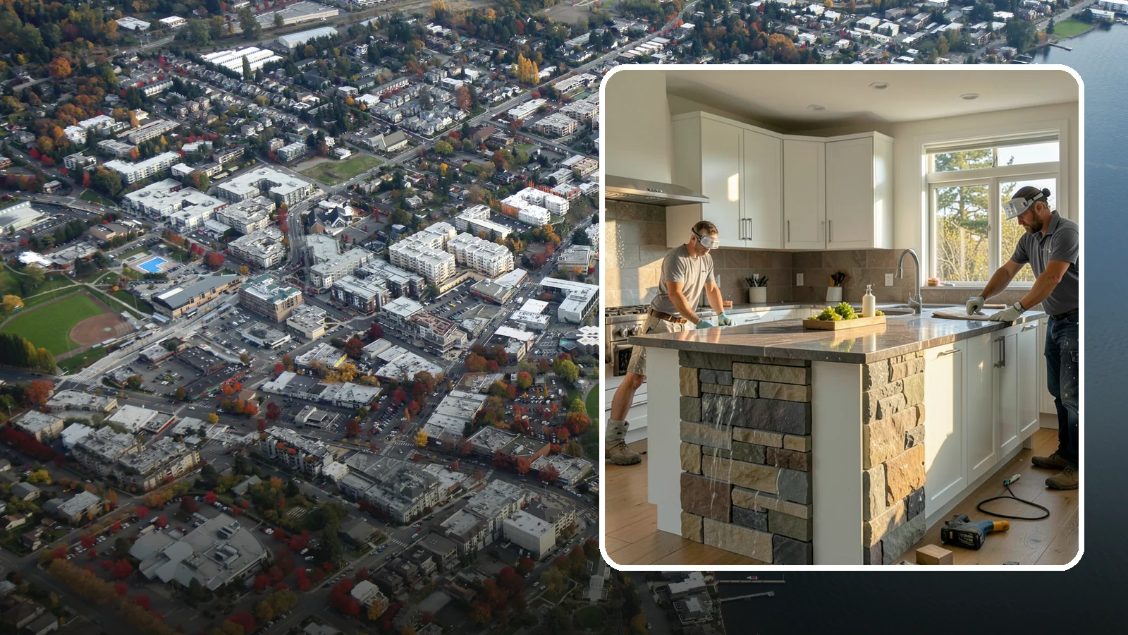 Waterfall Countertop Installation in Kirkland, King County, WA - Statement waterfall countertop installation where the surface material cascades vertically down the island sides.