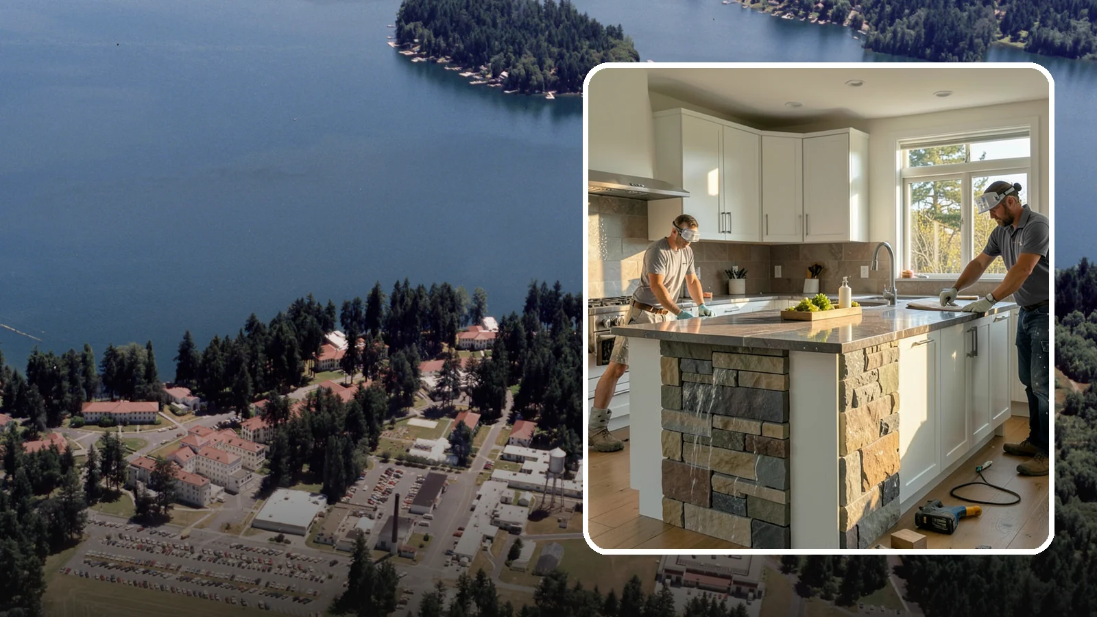 Waterfall Countertop Installation in Lakewood, Pierce County, WA - Statement waterfall countertop installation where the surface material cascades vertically down the island sides.
