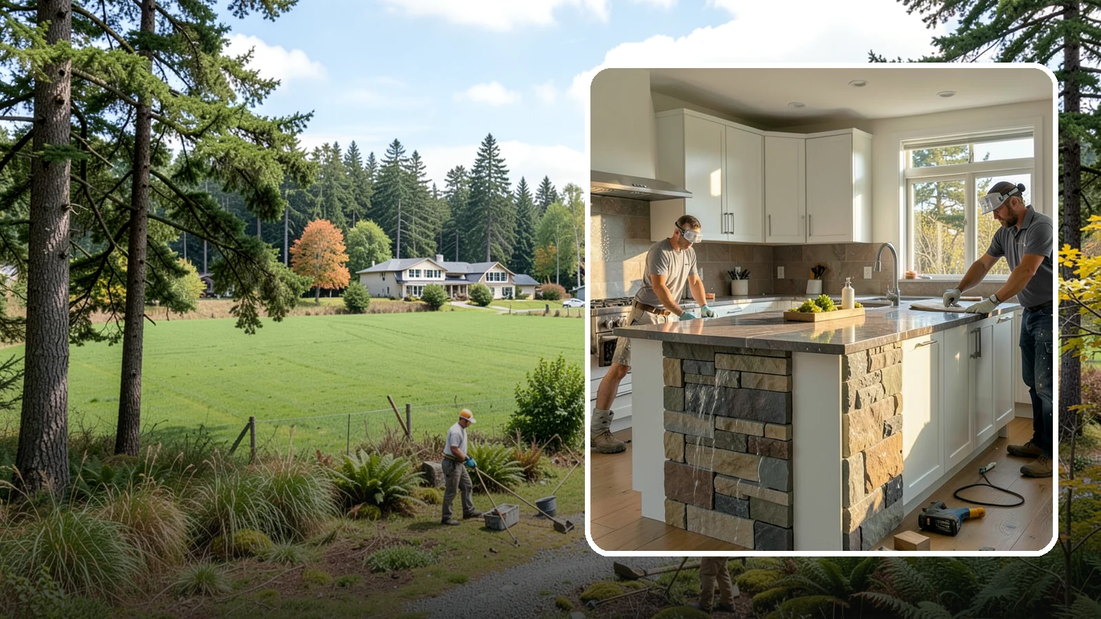 Waterfall Countertop Installation in Lyman, Skagit County, WA - Statement waterfall countertop installation where the surface material cascades vertically down the island sides.