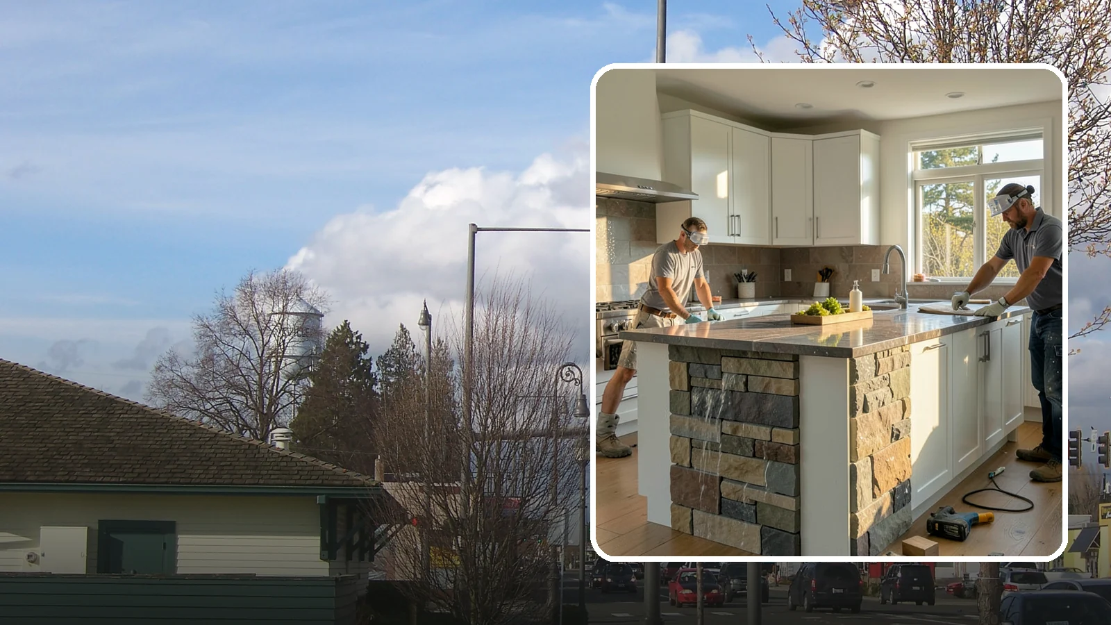 Waterfall Countertop Installation in Marysville, Snohomish County, WA - Statement waterfall countertop installation where the surface material cascades vertically down the island sides.