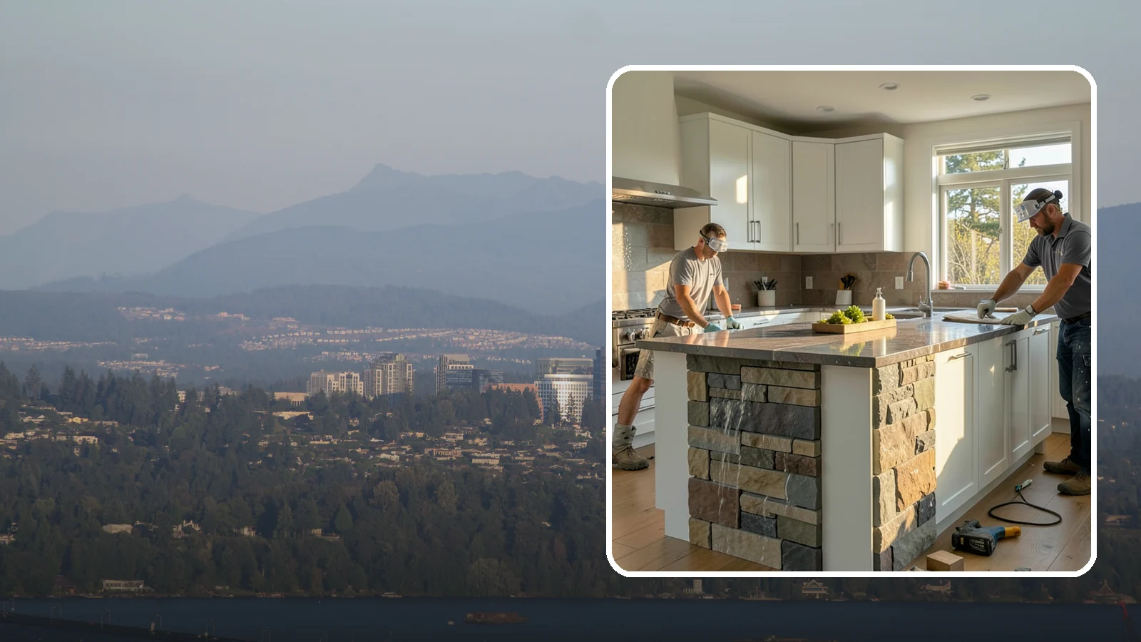 Waterfall Countertop Installation in Medina, King County, WA - Statement waterfall countertop installation where the surface material cascades vertically down the island sides.
