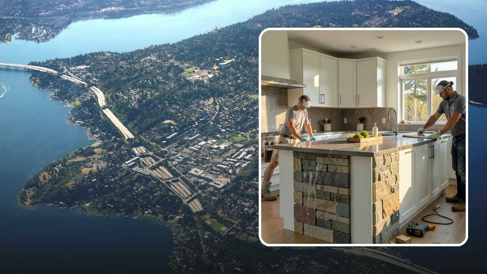 Waterfall Countertop Installation in Mercer Island, King County, WA - Statement waterfall countertop installation where the surface material cascades vertically down the island sides.