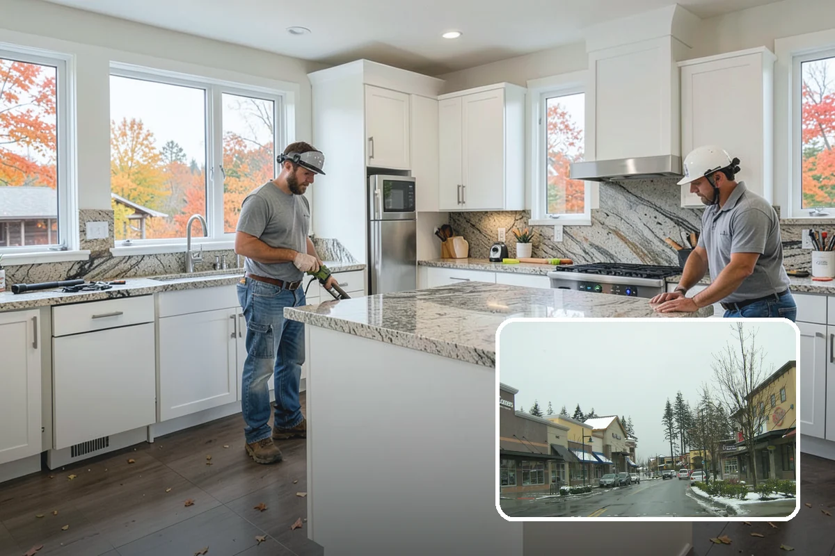 Waterfall Countertop Installation in Mill Creek, Snohomish County, WA - A bold, continuous vertical design line