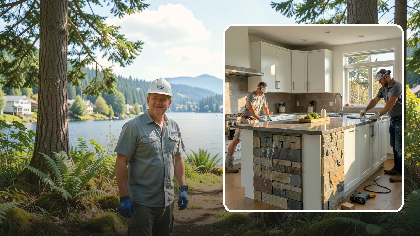 Waterfall Countertop Installation in Milton, King County, WA - Statement waterfall countertop installation where the surface material cascades vertically down the island sides.