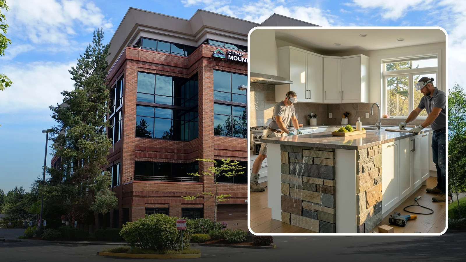 Waterfall Countertop Installation in Mountlake Terrace, Snohomish County, WA - Statement waterfall countertop installation where the surface material cascades vertically down the island sides.