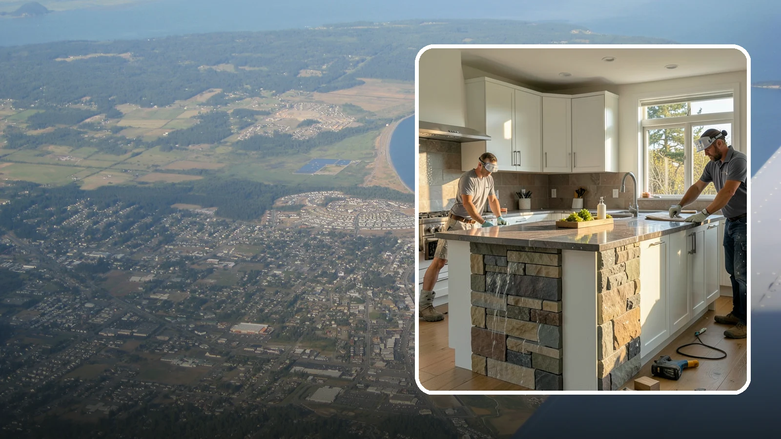 Waterfall Countertop Installation in Oak Harbor, Island County, WA - Statement waterfall countertop installation where the surface material cascades vertically down the island sides.