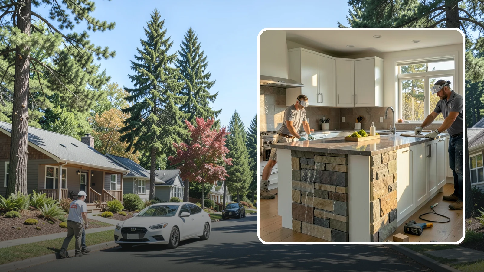 Waterfall Countertop Installation in Orting, Pierce County, WA - Statement waterfall countertop installation where the surface material cascades vertically down the island sides.