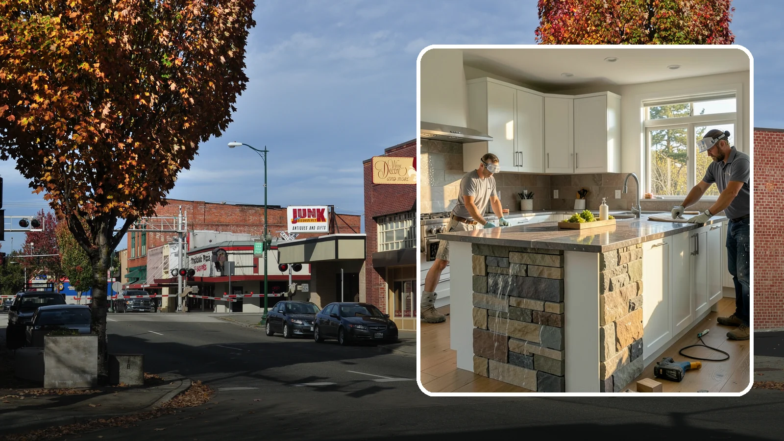 Waterfall Countertop Installation in Puyallup, Pierce County, WA - Statement waterfall countertop installation where the surface material cascades vertically down the island sides.