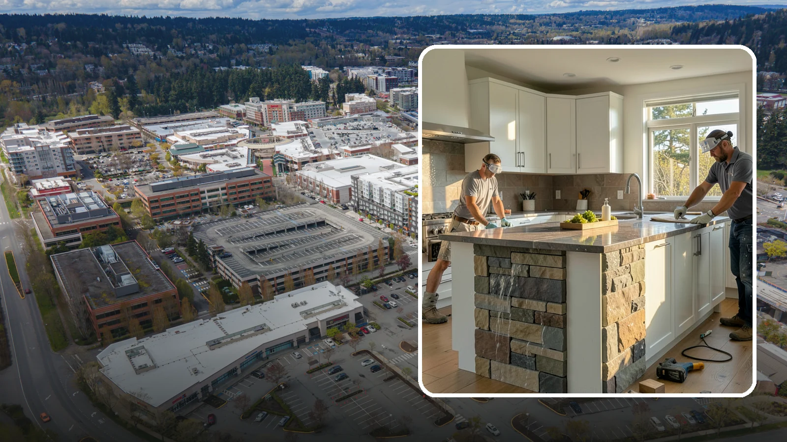 Waterfall Countertop Installation in Redmond, King County, WA - Statement waterfall countertop installation where the surface material cascades vertically down the island sides.