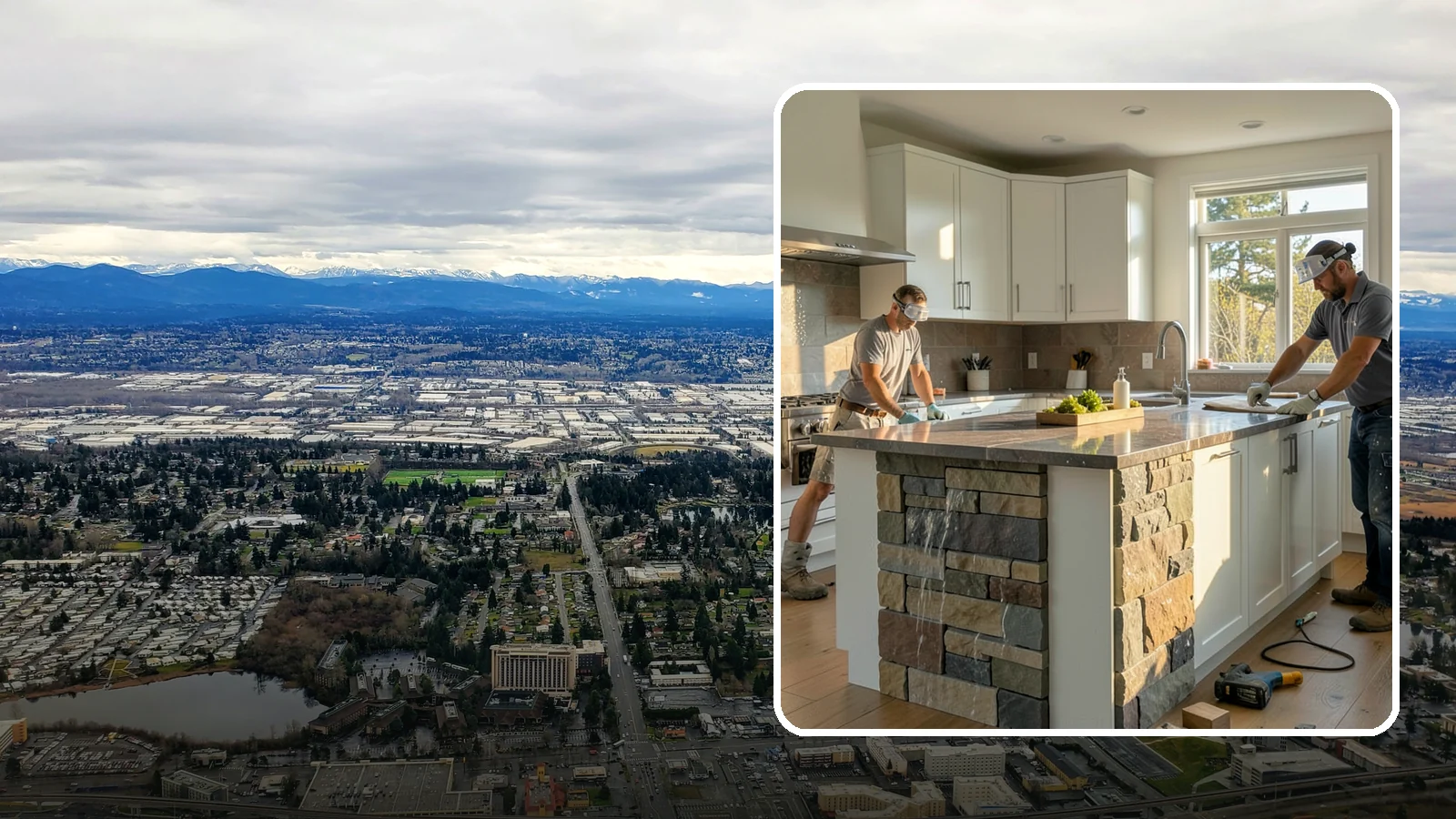 Waterfall Countertop Installation in SeaTac, King County, WA - Statement waterfall countertop installation where the surface material cascades vertically down the island sides.