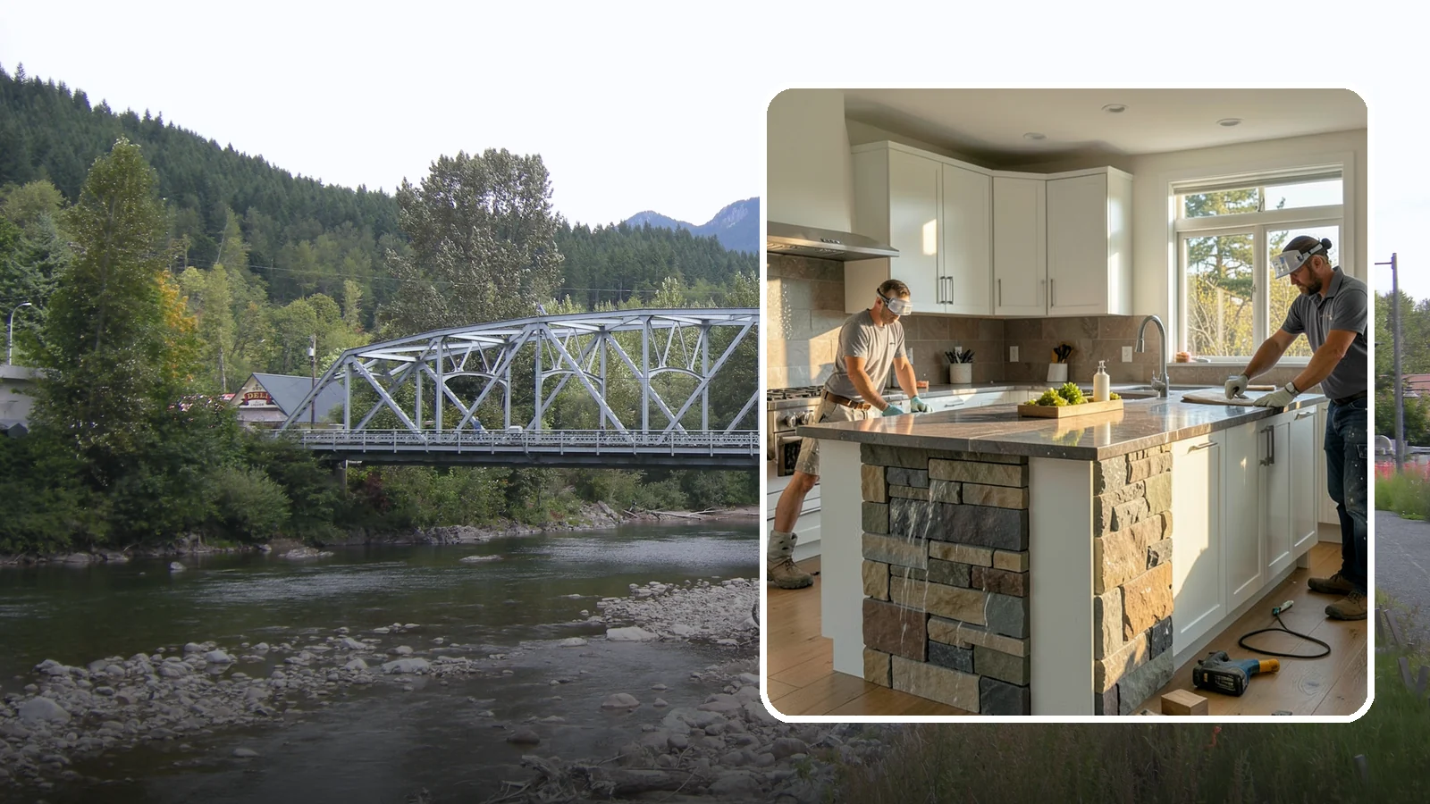 Waterfall Countertop Installation in Skykomish, King County, WA - Statement waterfall countertop installation where the surface material cascades vertically down the island sides.
