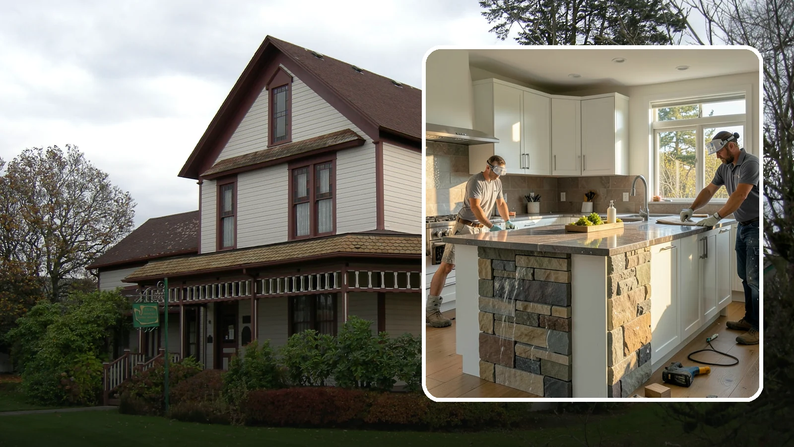 Waterfall Countertop Installation in Sumner, Pierce County, WA - Statement waterfall countertop installation where the surface material cascades vertically down the island sides.