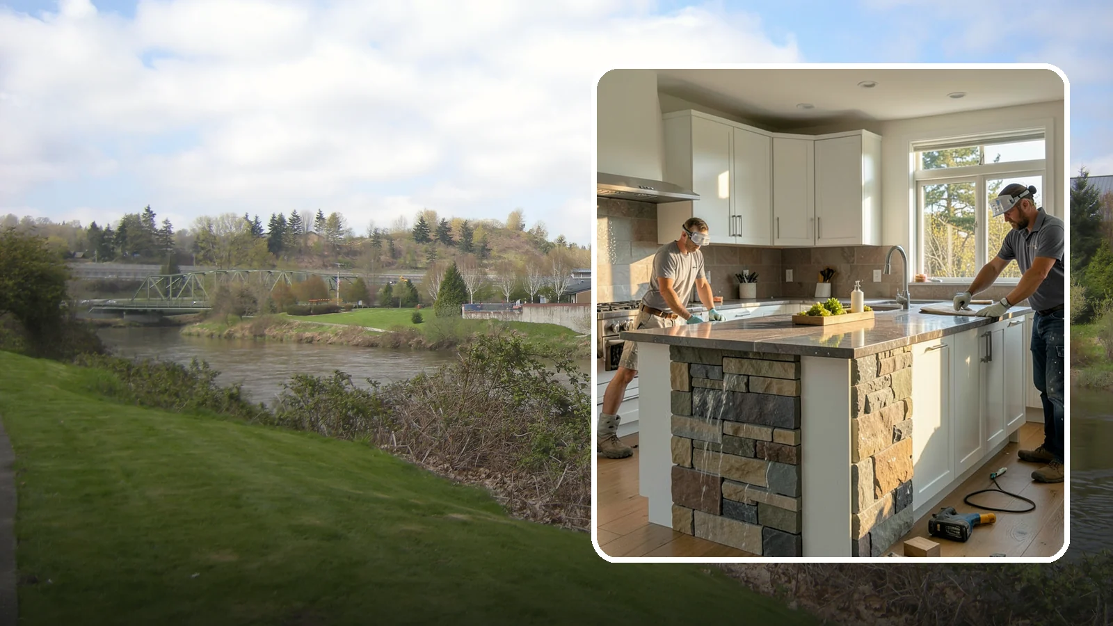 Waterfall Countertop Installation in Tukwila, King County, WA - Statement waterfall countertop installation where the surface material cascades vertically down the island sides.