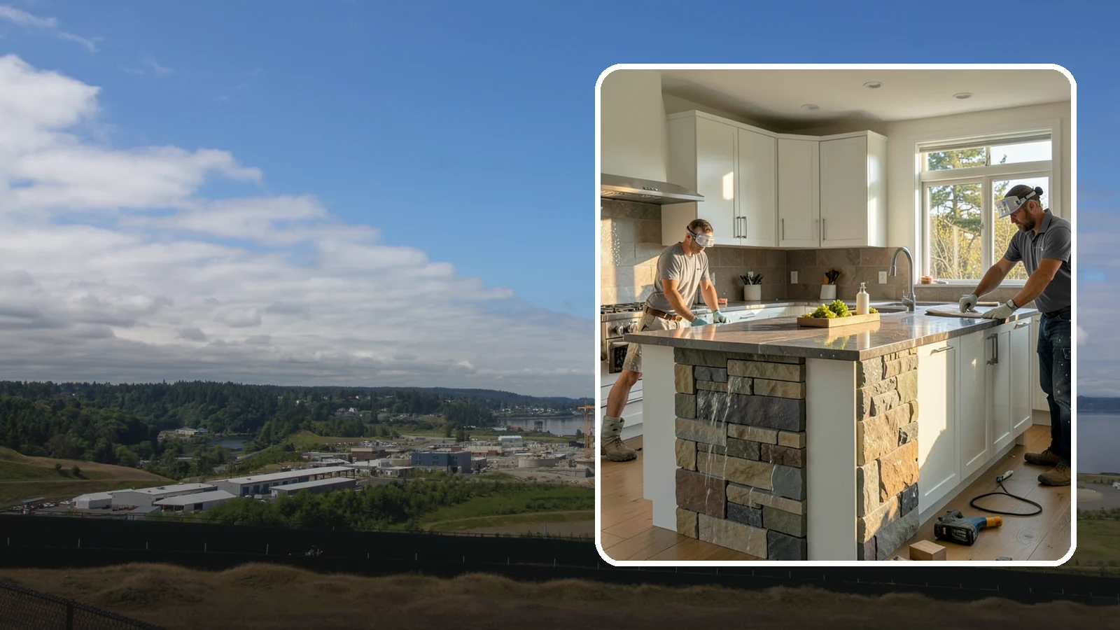 Waterfall Countertop Installation in University Place, Pierce County, WA - Statement waterfall countertop installation where the surface material cascades vertically down the island sides.