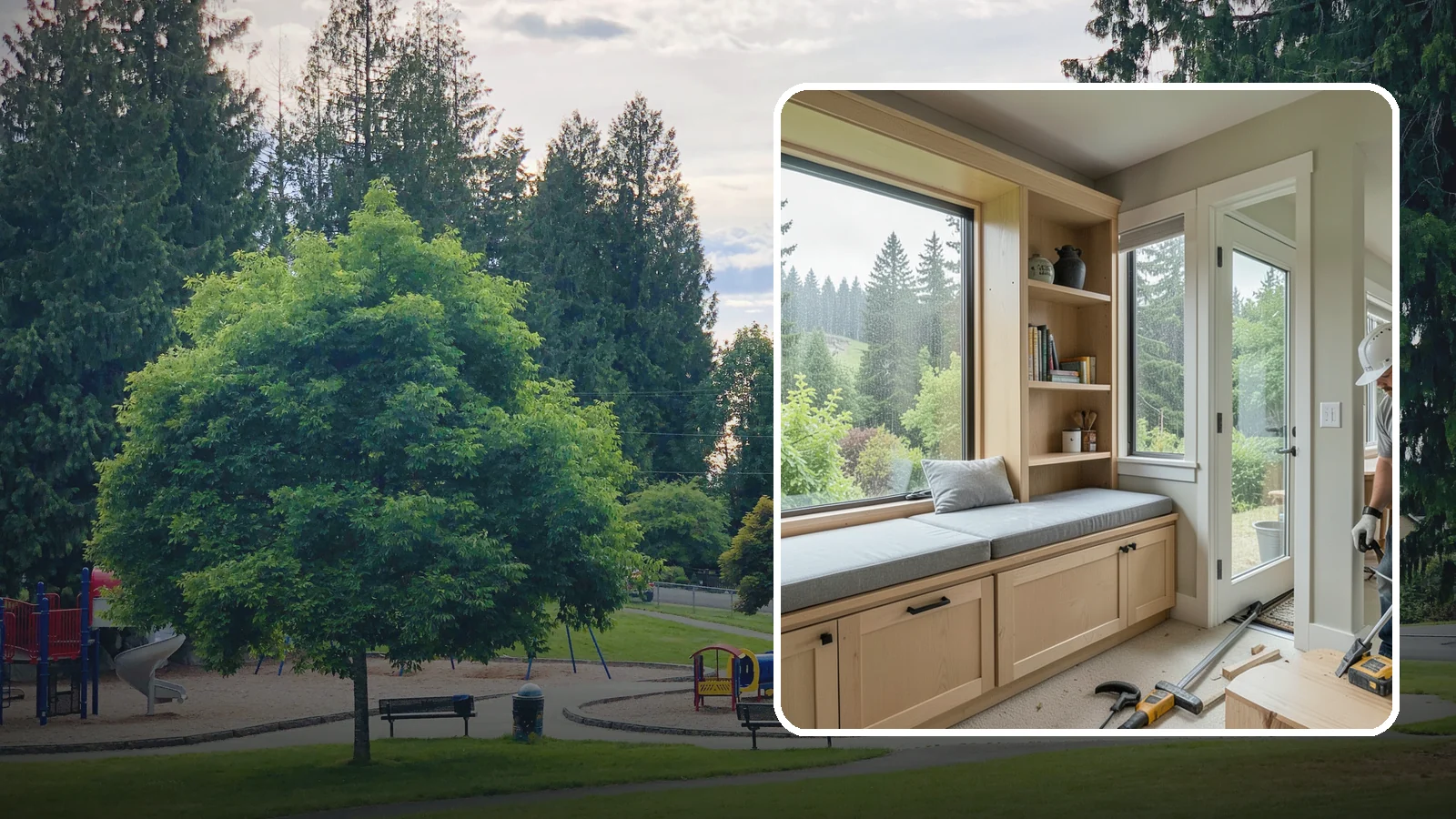 Window Seat Construction in Bonney Lake, Pierce County, WA - A cozy custom window seat that adds seating, storage, and a favorite spot to watch the Northwest rain.