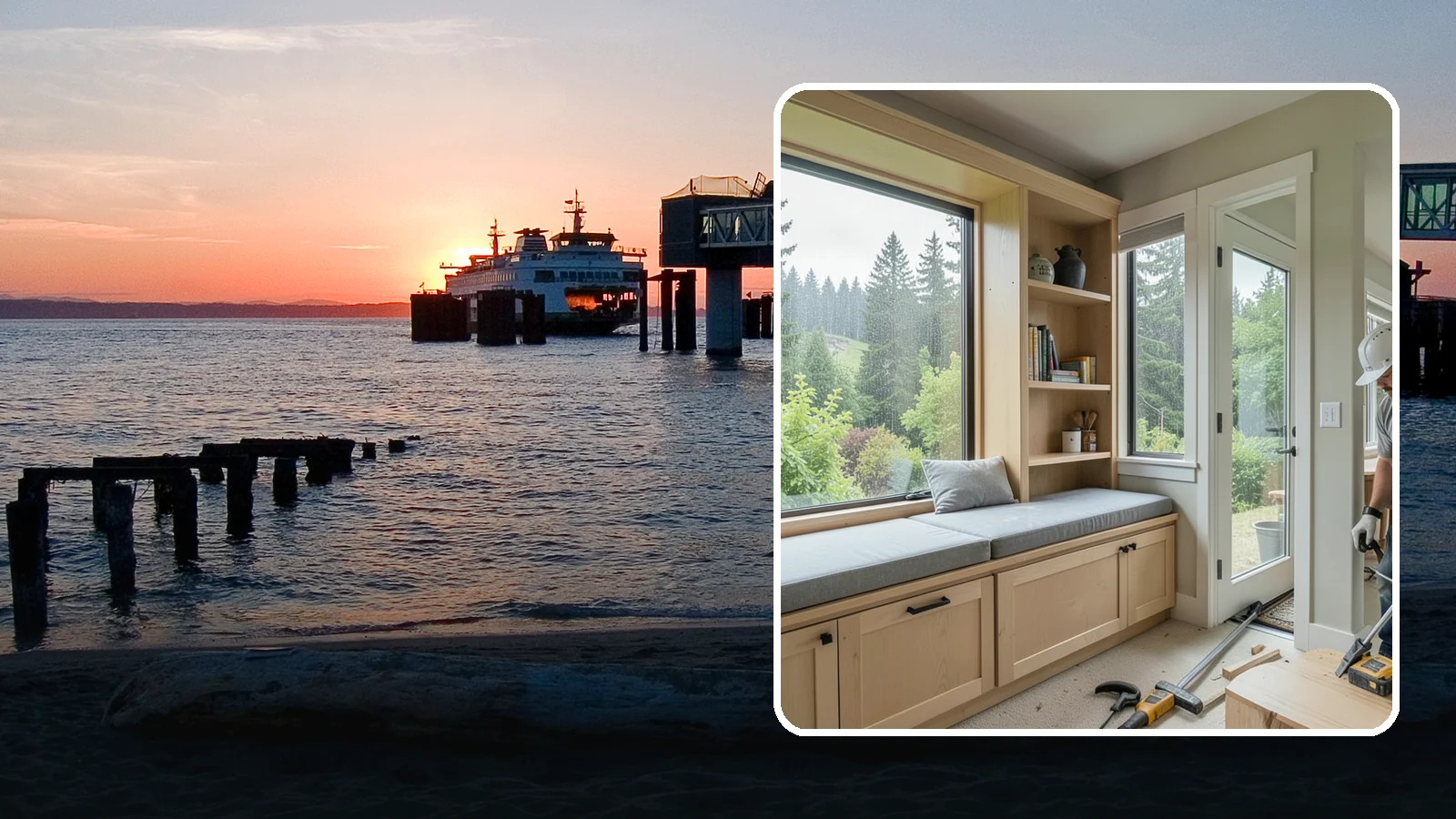 Window Seat Construction in Edmonds, Snohomish County, WA - A cozy custom window seat that adds seating, storage, and a favorite spot to watch the Northwest rain.