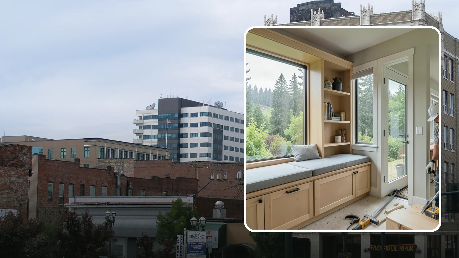 Window Seat Construction in Everett, Snohomish County, WA - A cozy custom window seat that adds seating, storage, and a favorite spot to watch the Northwest rain.