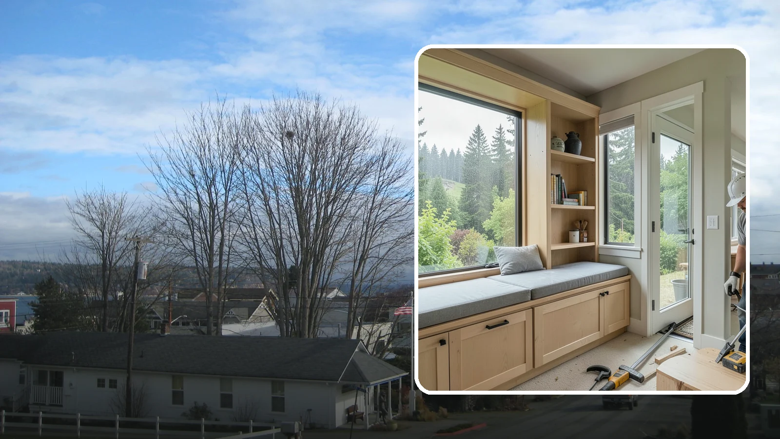 Window Seat Construction in Langley, Island County, WA - A cozy custom window seat that adds seating, storage, and a favorite spot to watch the Northwest rain.