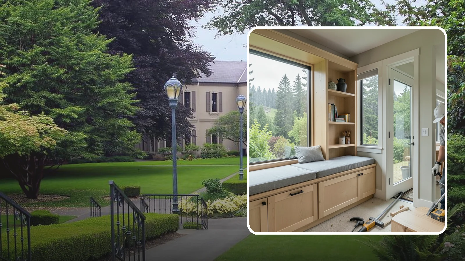 Window Seat Construction in Woodinville, King County, WA - A cozy custom window seat that adds seating, storage, and a favorite spot to watch the Northwest rain.