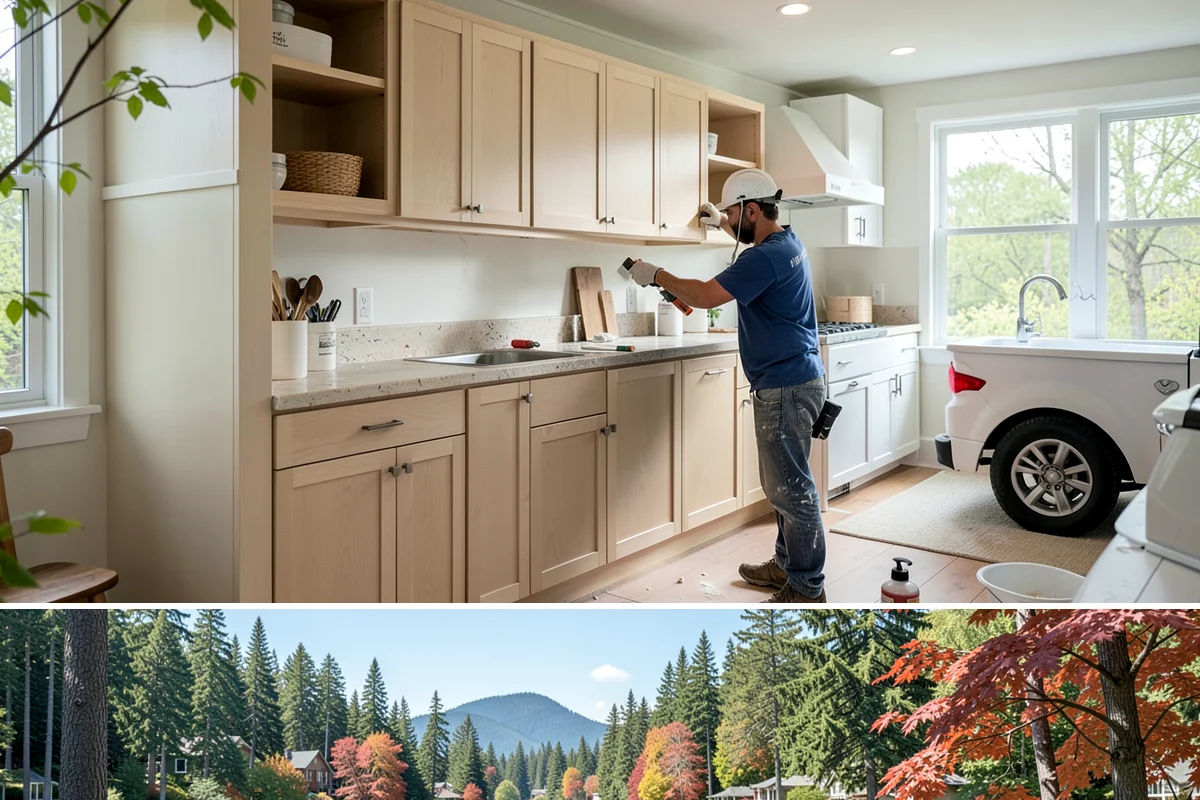 Wood Finishing in Covington, King County, WA - Interior wood finishing works in every season and is a productive project during the wet Pacific Northwest winter.