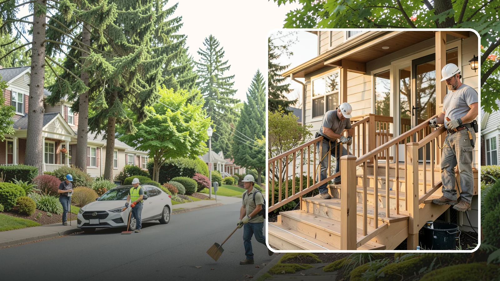 Wood Railing Installation in Beaux Arts Village, King County, WA - Warm, traditional wood railings and balusters built and finished to match your home.