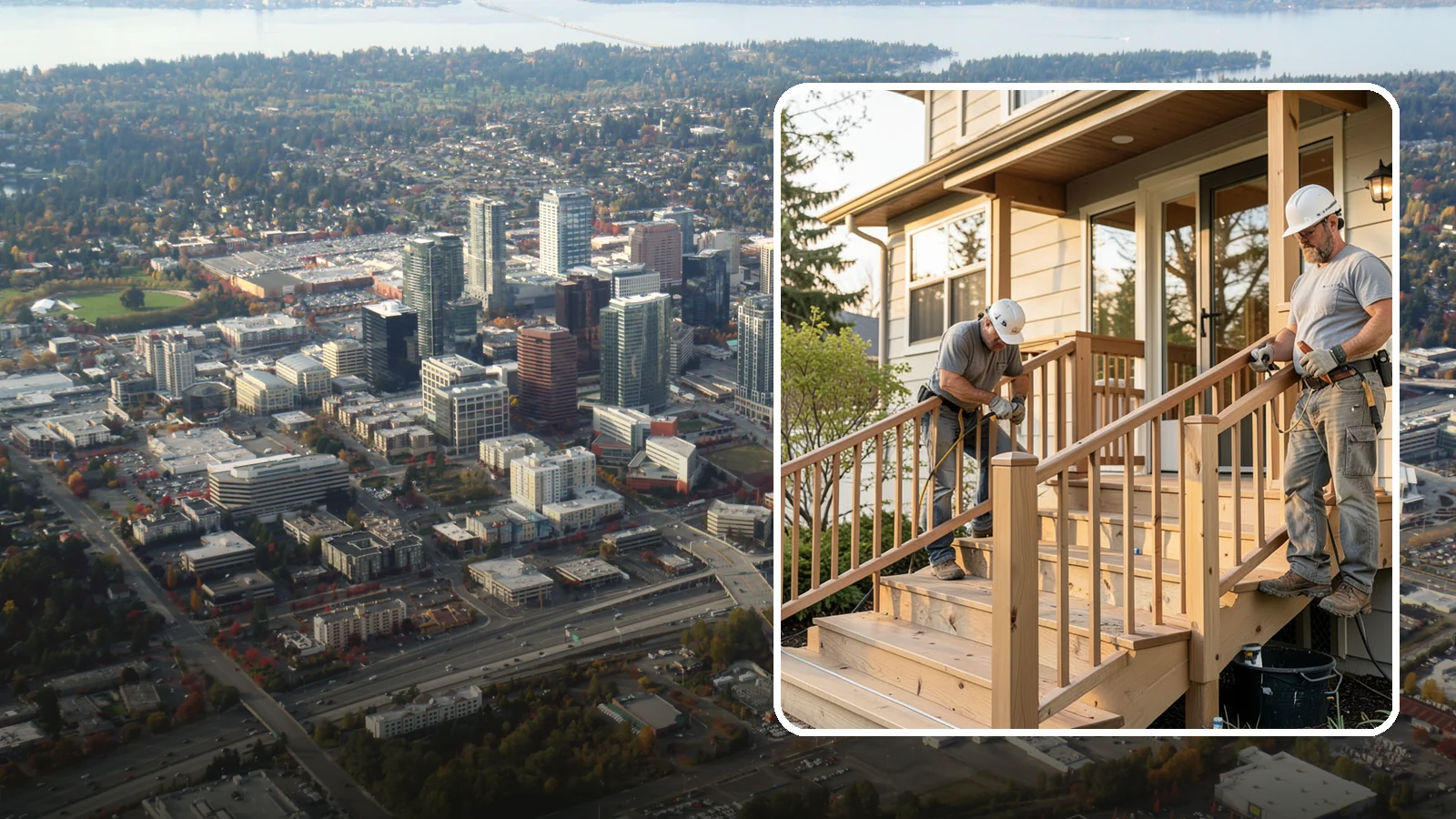 Wood Railing Installation in Bellevue, King County, WA - Warm, traditional wood railings and balusters built and finished to match your home.