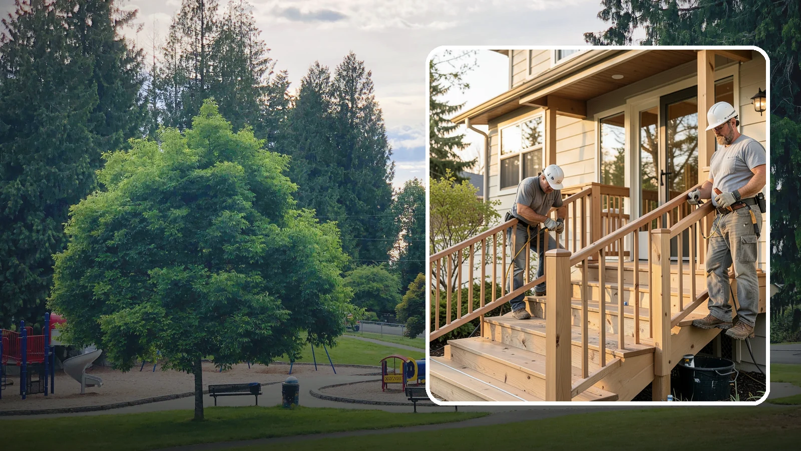 Wood Railing Installation in Bonney Lake, Pierce County, WA - Warm, traditional wood railings and balusters built and finished to match your home.