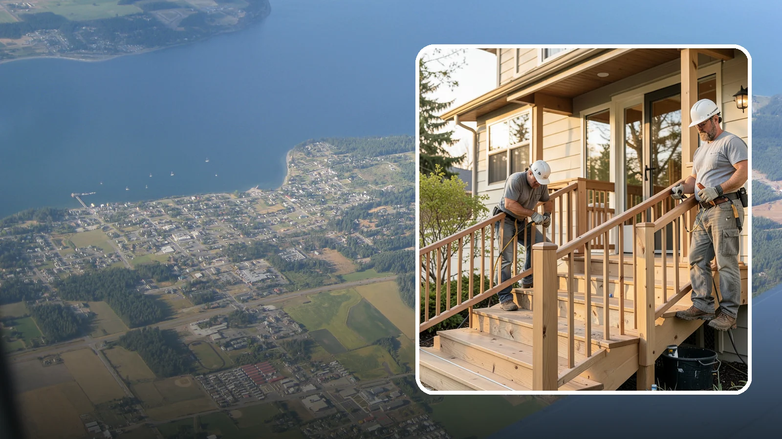 Wood Railing Installation in Coupeville, Island County, WA - Warm, traditional wood railings and balusters built and finished to match your home.