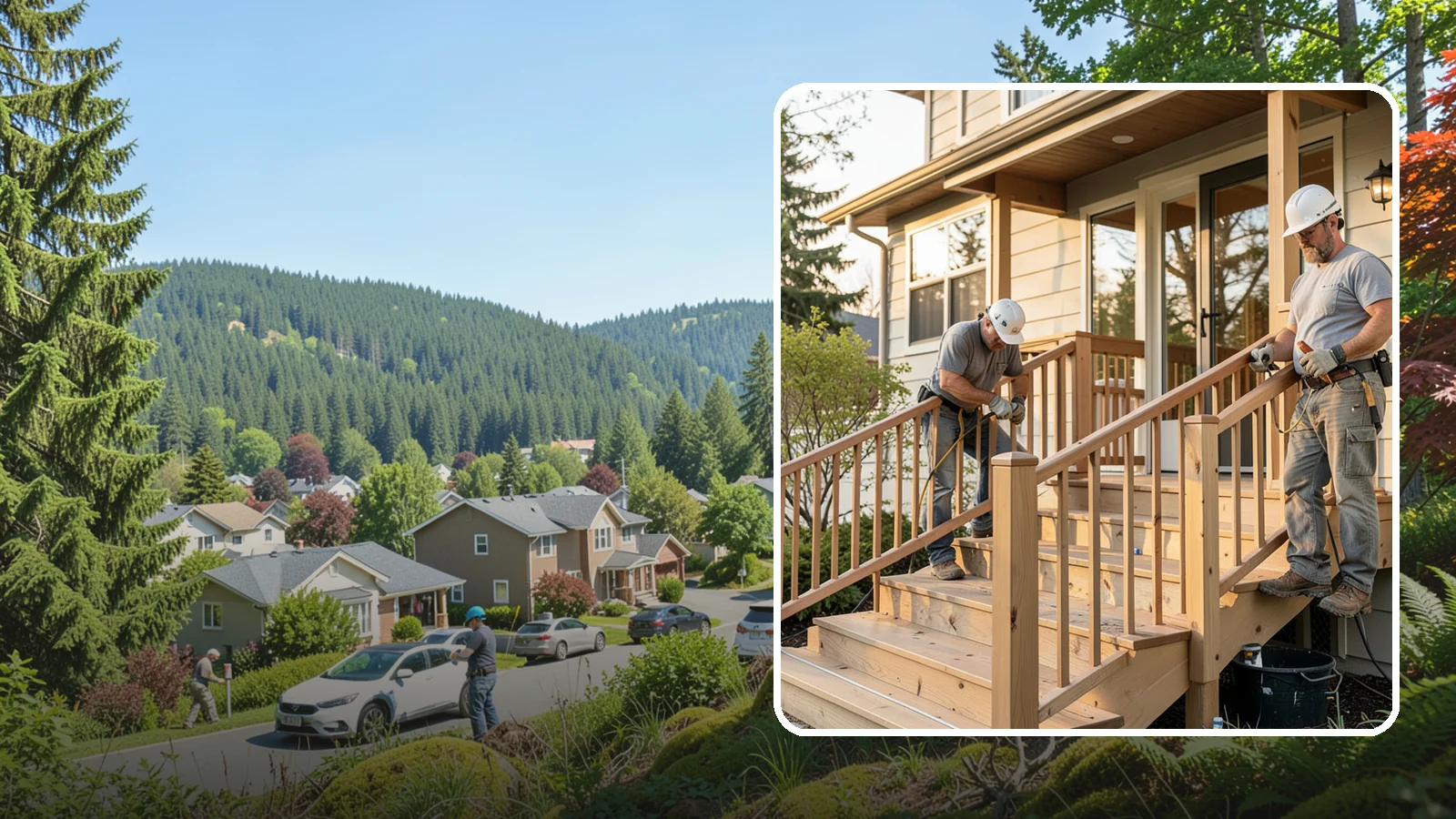 Wood Railing Installation in Index, Snohomish County, WA - Warm, traditional wood railings and balusters built and finished to match your home.