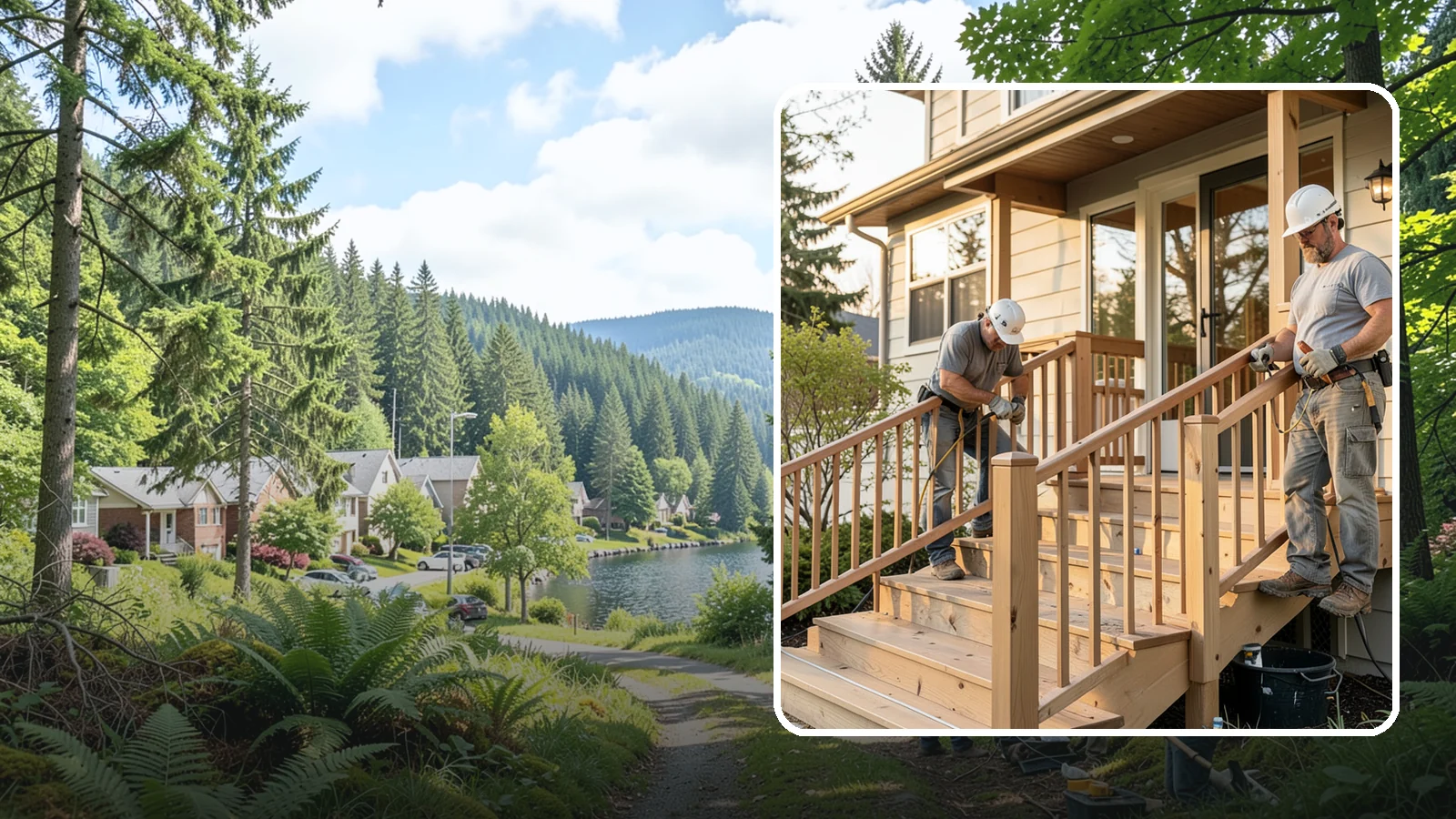 Wood Railing Installation in Lake Forest Park, King County, WA - Warm, traditional wood railings and balusters built and finished to match your home.