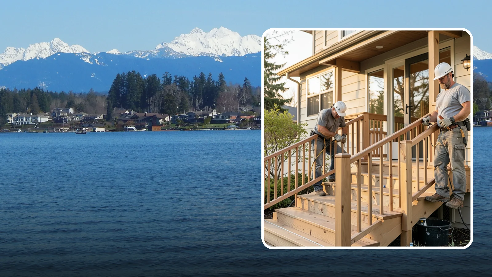 Wood Railing Installation in Lake Stevens, Snohomish County, WA - Warm, traditional wood railings and balusters built and finished to match your home.