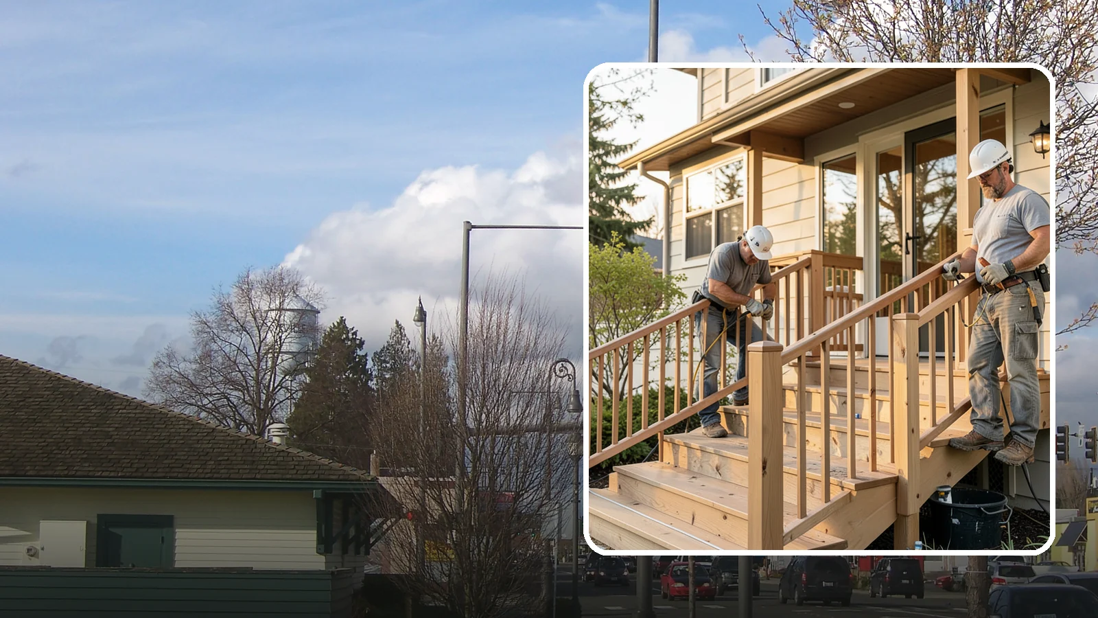 Wood Railing Installation in Marysville, Snohomish County, WA - Warm, traditional wood railings and balusters built and finished to match your home.