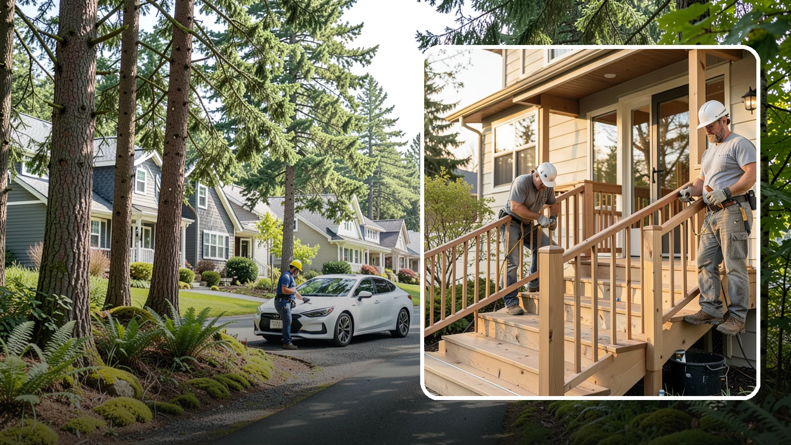 Wood Railing Installation in Normandy Park, King County, WA - Warm, traditional wood railings and balusters built and finished to match your home.