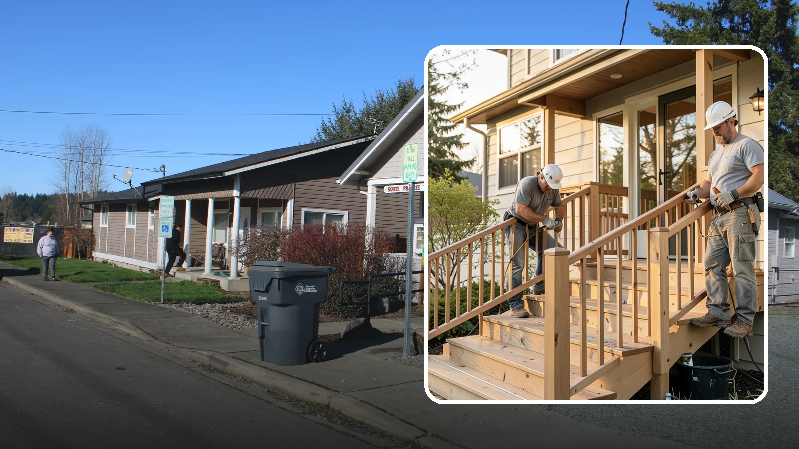 Wood Railing Installation in South Prairie, Pierce County, WA - Warm, traditional wood railings and balusters built and finished to match your home.
