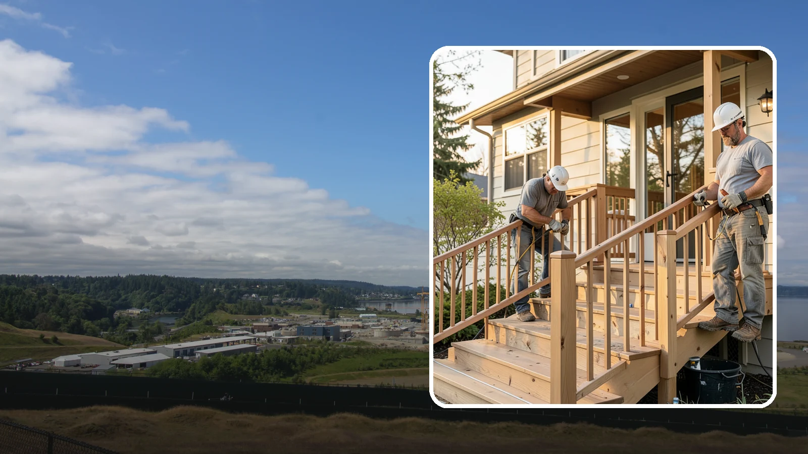 Wood Railing Installation in University Place, Pierce County, WA - Warm, traditional wood railings and balusters built and finished to match your home.