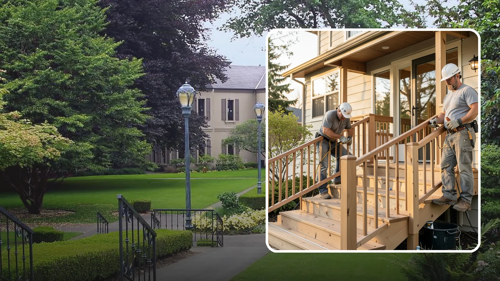 Wood Railing Installation in Woodinville, King County, WA - Warm, traditional wood railings and balusters built and finished to match your home.