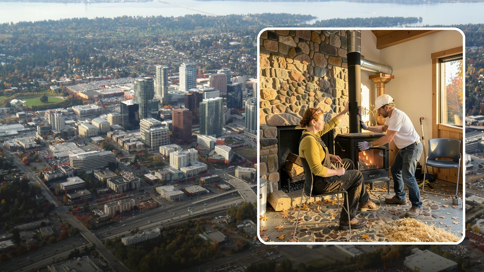 Wood Stove Installation in Bellevue, King County, WA - EPA-certified wood stoves installed with safe clearances and code-approved chimney systems.