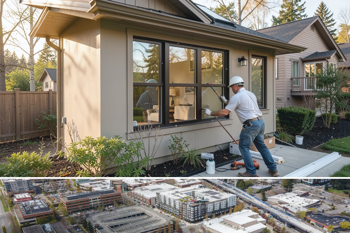 Wood Window Installation in Redmond, King County, WA - Wood windows are best installed and finished during drier weather to protect exposed material, and we carefully cover openings...