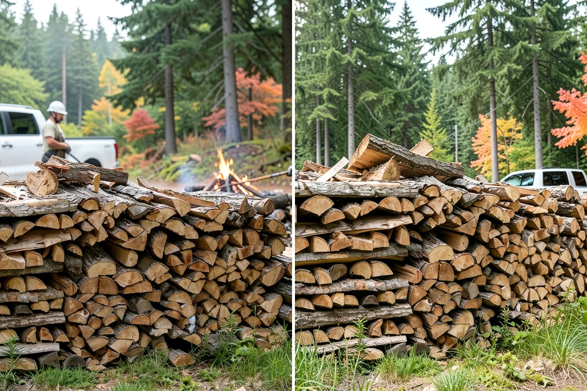 Air-Dried Firewood in Arlington, Snohomish County, WA - Rounds are split and stacked off the ground