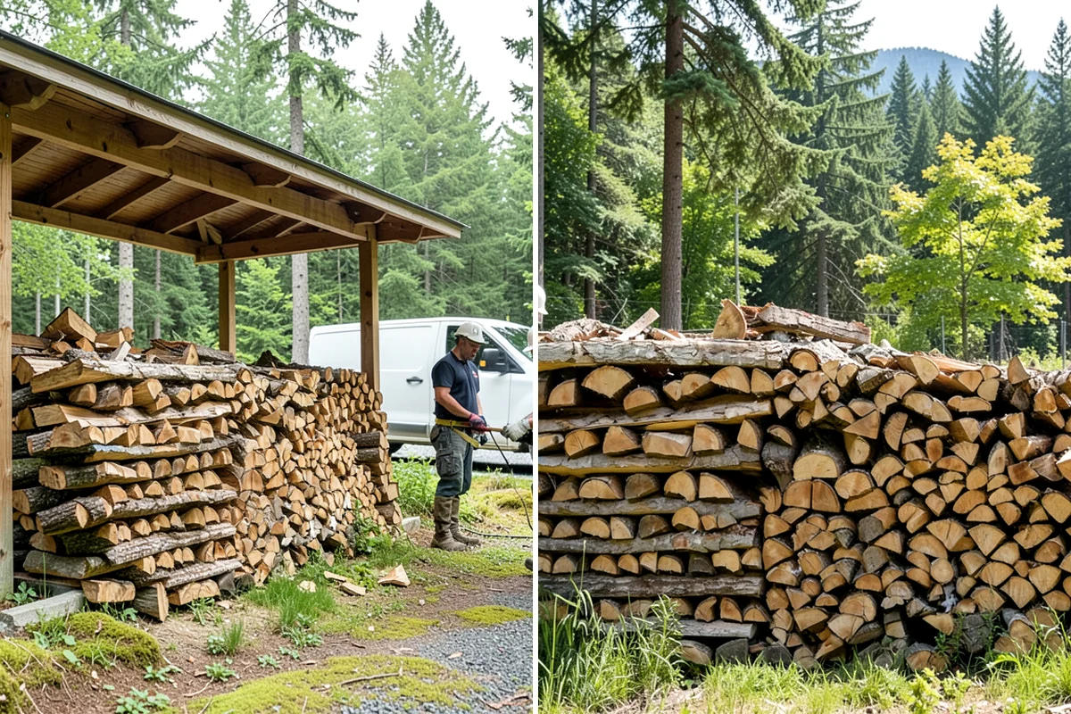 Air-Dried Firewood in DuPont, Pierce County, WA - Rounds are split and stacked off the ground