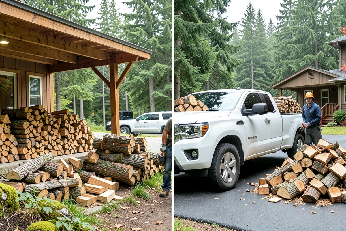 Air-Dried Firewood in Federal Way, King County, WA - Rounds are split and stacked off the ground